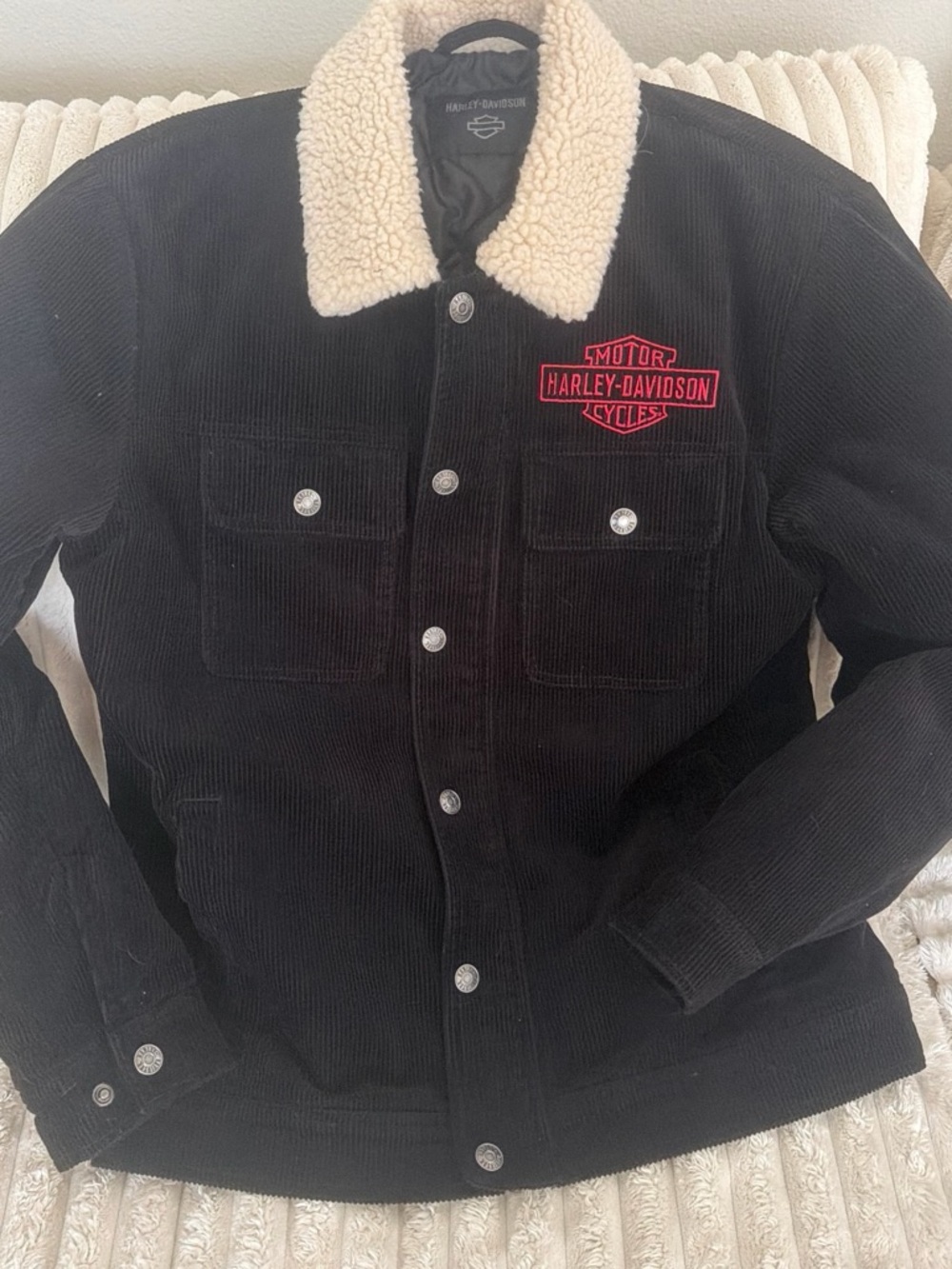 Harley-Davidson Black Corduroy Jacket with Cream Sherpa Collar and Red Logo